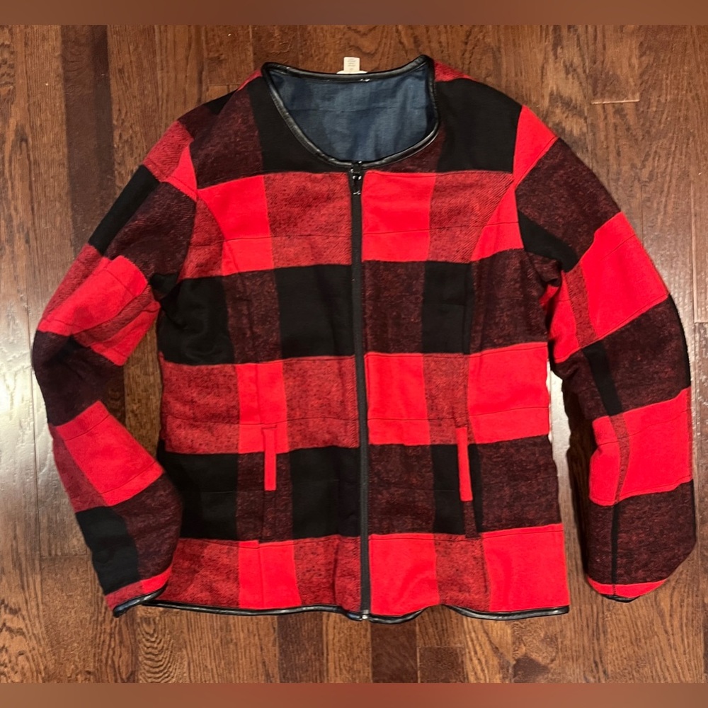 NWT Tribal Jeans Reversible Red & Black Fleece Buffalo Plaid & Denim Jacket M